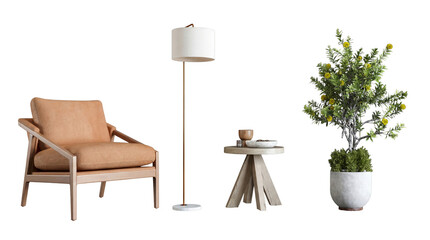 Contemporary living space ensemble featuring a comfortable armchair, a sleek floor lamp, and a potted plant. © John