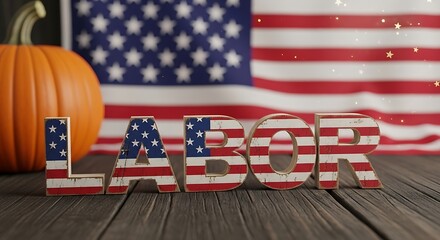 Labor day celebration with american flag and pumpkin decor