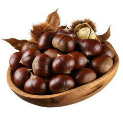 Obraz premium Bowl of ripe brown chestnuts with textured surface on white isolated on a transparent background food