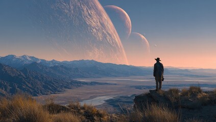 Obraz premium Lone explorer gazes at alien sky with massive planets over desert