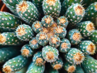 Obraz premium Top-down close-up of clustered cylindrical cacti with golden areoles and sharp spines, vibrant and mesmerizing