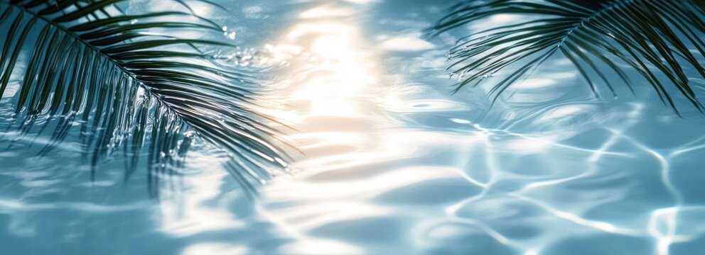 Two sunlit palm fronds arching over rippling turquoise water with shimmering light reflections, a tranquil tropical pool scene evoking calm and relaxation