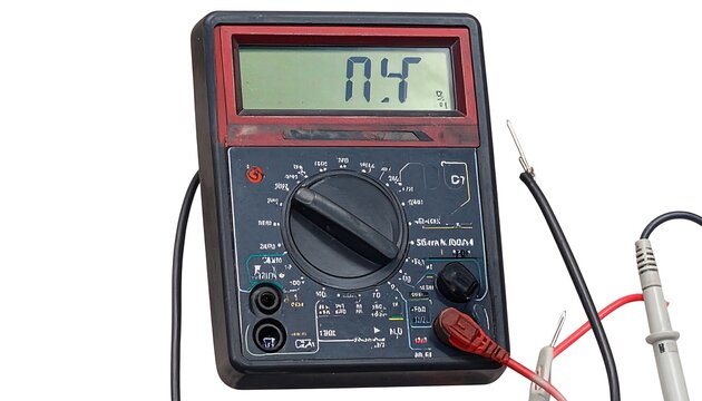 A digital multimeter with red and black leads on a white background
