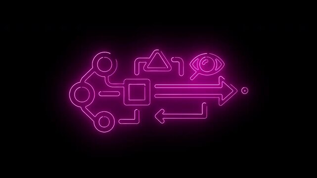 Neon pink flowchart diagram with arrows on a black background