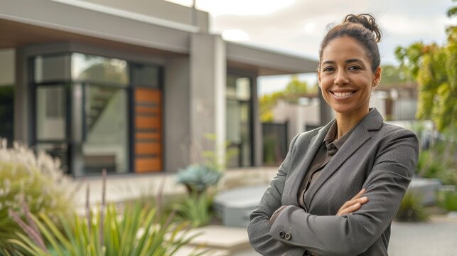 A confident American woman real estate agent stands proudly outside a modern home. Professionalism and approachability, ready to guide and assist prospective home buyers towards their dream property.