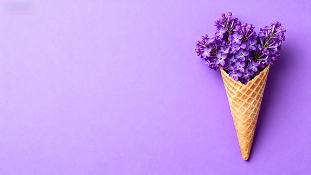 Ice cream cone with purple flowers