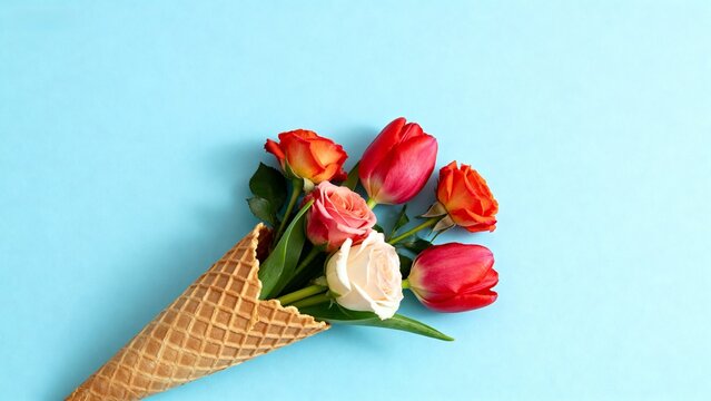 Ice cream cone with colorful flowers