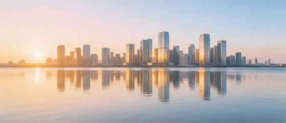 Obraz premium City skyline at sunrise with water reflection