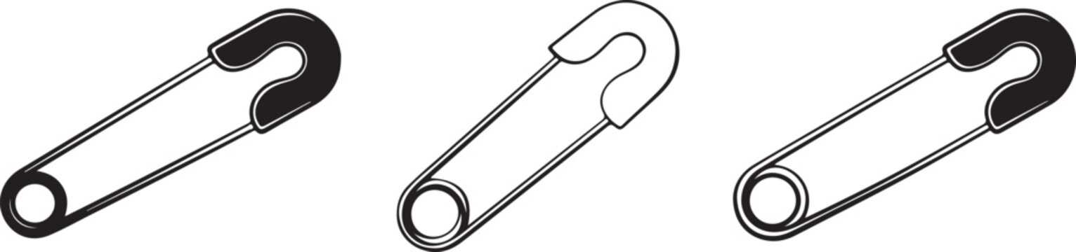 Safety pin vector icons collection featuring black filled and outline versions for sewing tailoring and clothing fastening needs.