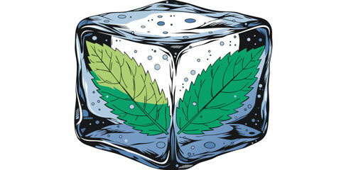 Two mint leaves frozen inside an ice cube with food and drink refreshing beverage illustration refreshment nutrition © Alone