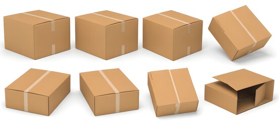 Fototapeta premium Eight brown corrugated cardboard boxes in various orientations and states of assembly