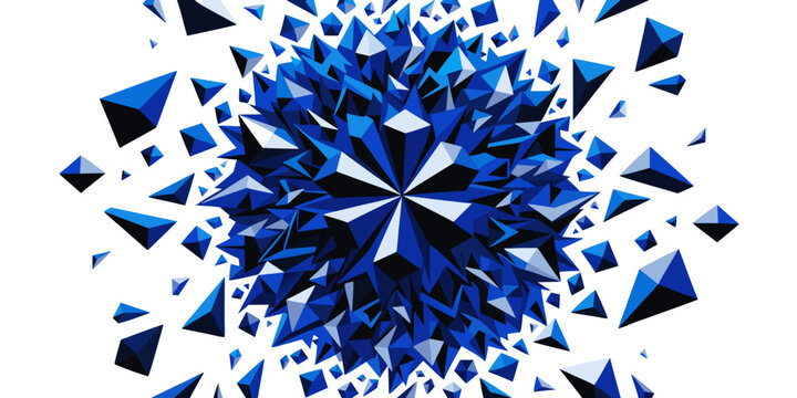 Spherical geometric explosion of blue sharp crystal prisms with explosion geometry abstract shattered geometric background structure fragment sharpness refraction crystaline wallpaper