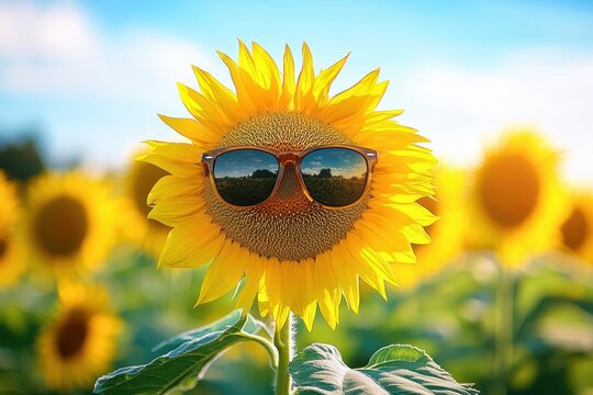 single sunflower wearing sunglasses in a bright sunflower field under a clear blue sky, cheerful and playful summer mood