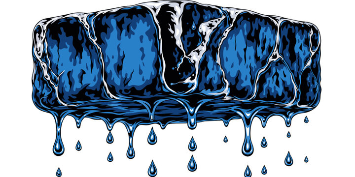 Melting blue ice block with dripping water droplets dripping sublimation abstract illustration refreshment elemental isolated background movement