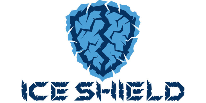 Cracked ice shield logo with bold text 'ice shield' white background typography shattered illustration wordmark branding identity protection security strength stylized lettering