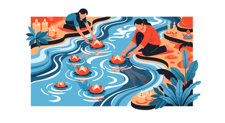Obraz premium Illustration of women releasing glowing lotus lanterns onto a serene river, depicting a peaceful traditional water ceremony of light and reflection
