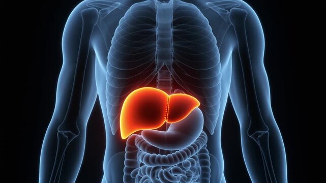 Human Liver Highlighted in XRay View of Body.