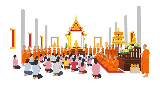 A spiritual gathering of Buddhist monks and devoted followers observing traditional rituals within a beautifully adorned temple hall, fostering peace and collective devotion during a sacred ceremony