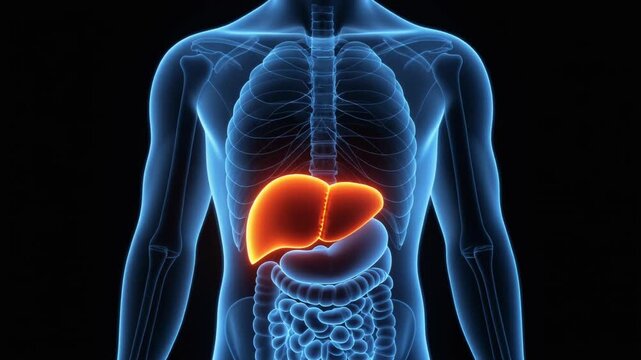 Human Liver Highlighted in XRay View of Male Anatomy.