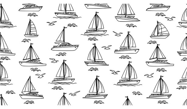 Seamless black and white nautical pattern with yachts sails waves and seagulls vector illustration for fabric and packaging design