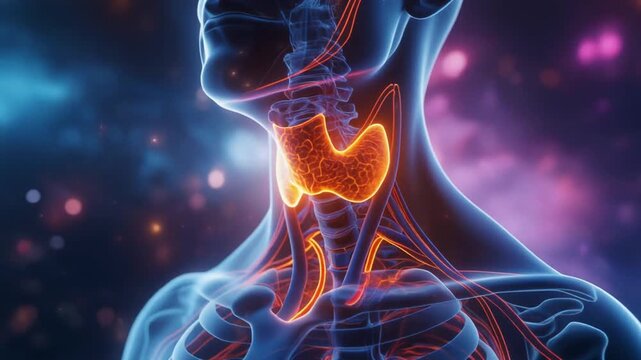 Human Thyroid Gland Anatomy with Glowing Effect and Medical Background.