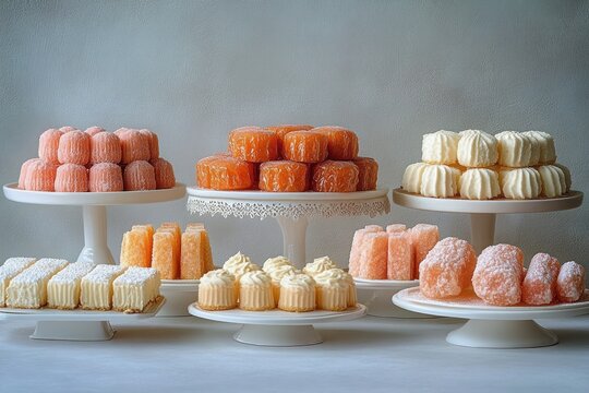 Assorted pastel petit fours and sugar-coated molded cakes on white cake stands, elegant and inviting dessert display with soft lighting and delicate textures