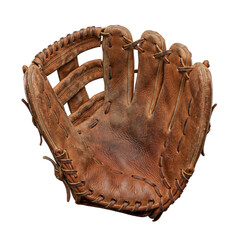 Well-worn brown leather baseball glove with intricate lacing detail, ready for action.