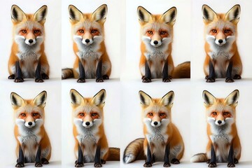 Fototapeta premium Eight-panel grid of sitting red fox portraits on white background, gentle curious expression, two panels partially obscured by blurred rectangles
