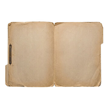 Old open manila folder, metal clasp visible, showing two empty aged paper pages, isolated on transparent background.