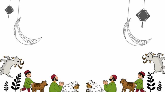 muslim people praying and goats jumping under hanging moon lanterns