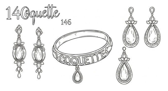 Vintage Jewelry Set Drawing - Earrings and Bracelet.