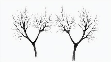 Obraz premium Artistic Representation of Two Leafless Trees with Intricate Branch Patterns on a White Background