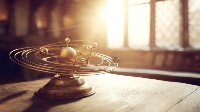 orrery. An antique bronze orrery model with planets on a wooden table in warm light. STEM education sheets, lab safety posters, designed for biotech research communications, used by videographers.
