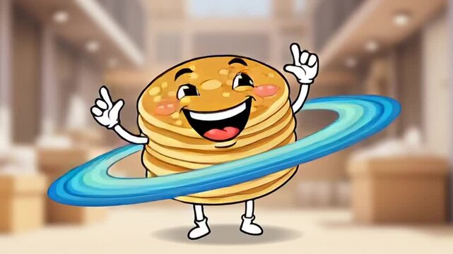 joyful animated pancake stack character celebrating in cozy kitchen background