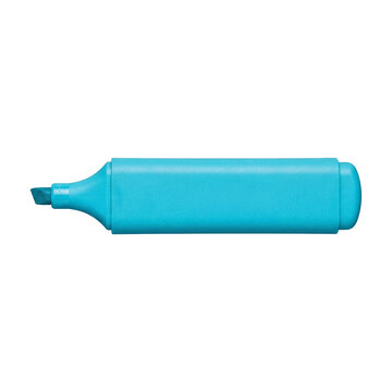 A light blue fluorescent highlighter pen, for marking text and documents, isolated on a transparent background.