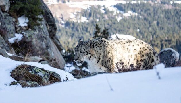 Snow leopard in snowy mountain landscape