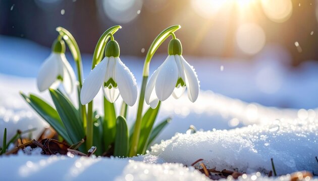 Snowdrop flowers blooming in snow