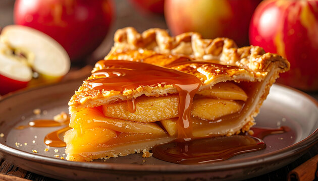 Slice of apple pie with caramel