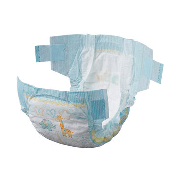 Clean, unused baby diaper in a partially folded position, featuring cute animal patterns and blue accents.