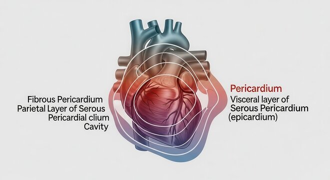 Anatomical Illustration of the Human Heart Showing the Pericardial Layers and Associated Structures