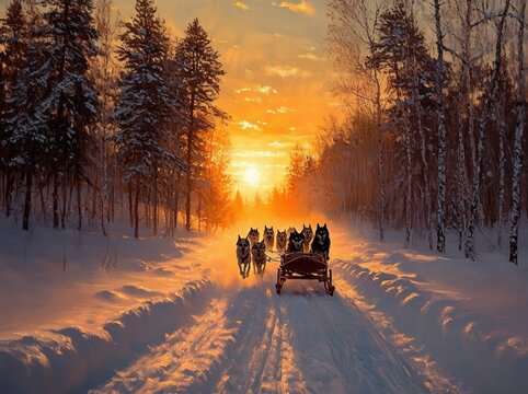 team of huskies pulling a wooden sled along a snow-covered forest trail at golden sunrise, misty winter woods, deep snowbanks and warm glowing sky, exhilarating and serene mood