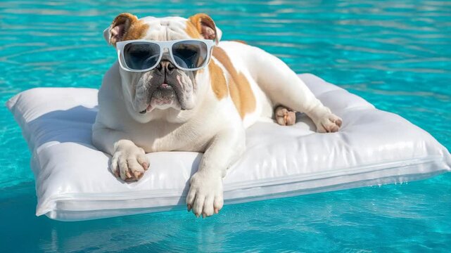 An English bulldog wearing sunglasses lounges on a white inflatable in a sunny swimming pool.