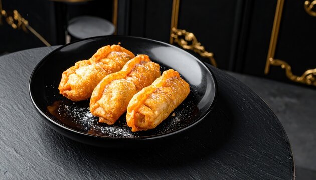Golden fried shrimp dumplings, ha gow, showcasing visible shrimp pieces, served on a black plate with delicate white powder dusting, perfect for a refined appetizer.