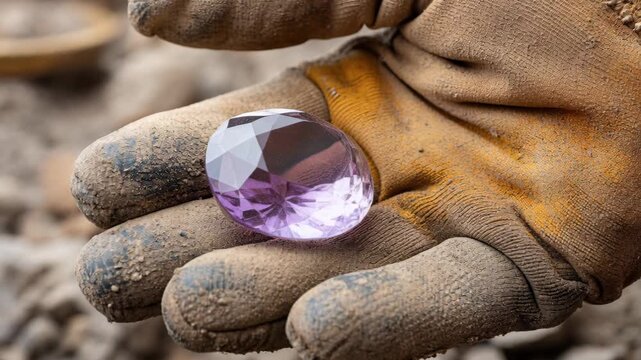 A miner displays a large, sparkling purple faceted gemstone held in a dirty, worn work glove.