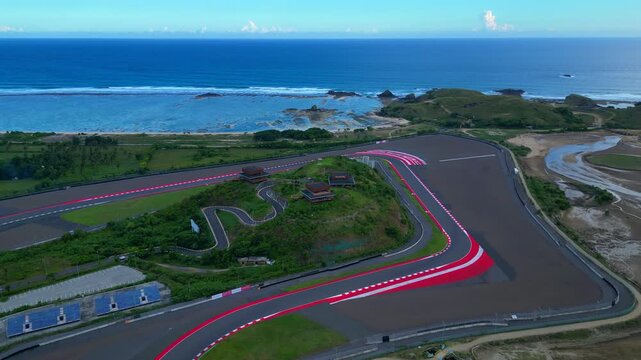 Mandalika racing track Street Circuit ocean beach. Perfect aerial view drone
