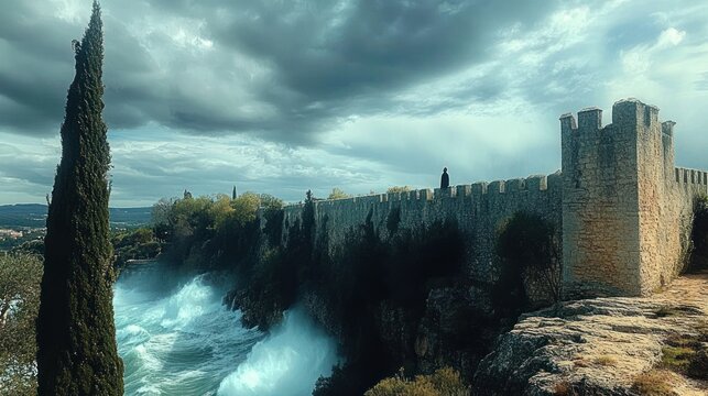 solitary figure on ancient stone battlement and tower above rugged cliff with crashing waves, tall cypress, and stormy sky, evoking brooding solitude