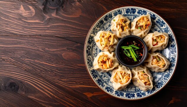 Savory Hakau Dumplings with Shrimp and Bamboo Shoot Served with Dipping Sauce on a Decorative Plate