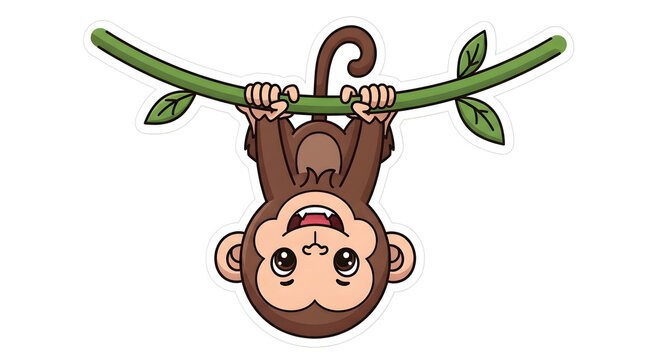 Charming cartoon baby monkey hanging playfully upside down from a green tree branch with a cheerful smile