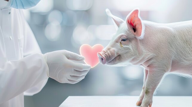 A detailed image of a human and pig DNA strand merging, symbolizing the genetic engineering efforts to make xenotransplantation possible, with a backdrop of a high-tech laboratory