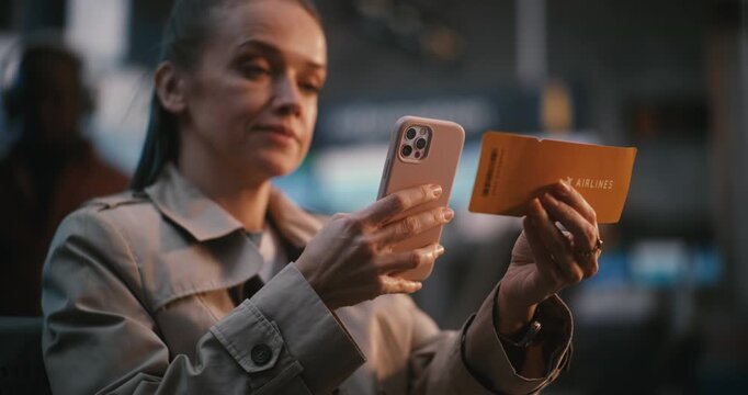 Focused Female Professional Reviews Boarding Pass, Holding Smartphone, Ensuring All Flight Details Correct Before Departure. Business Travel, Logistics, Airline Passenger Rights, Digital Connectivity.